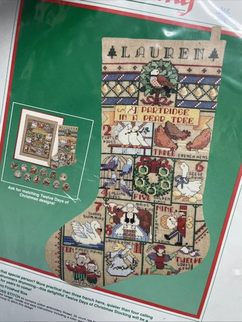 Vtg 1989 Twelve Days of Christmas Stocking Kit #8389 NOS Counted Cross Stitch
